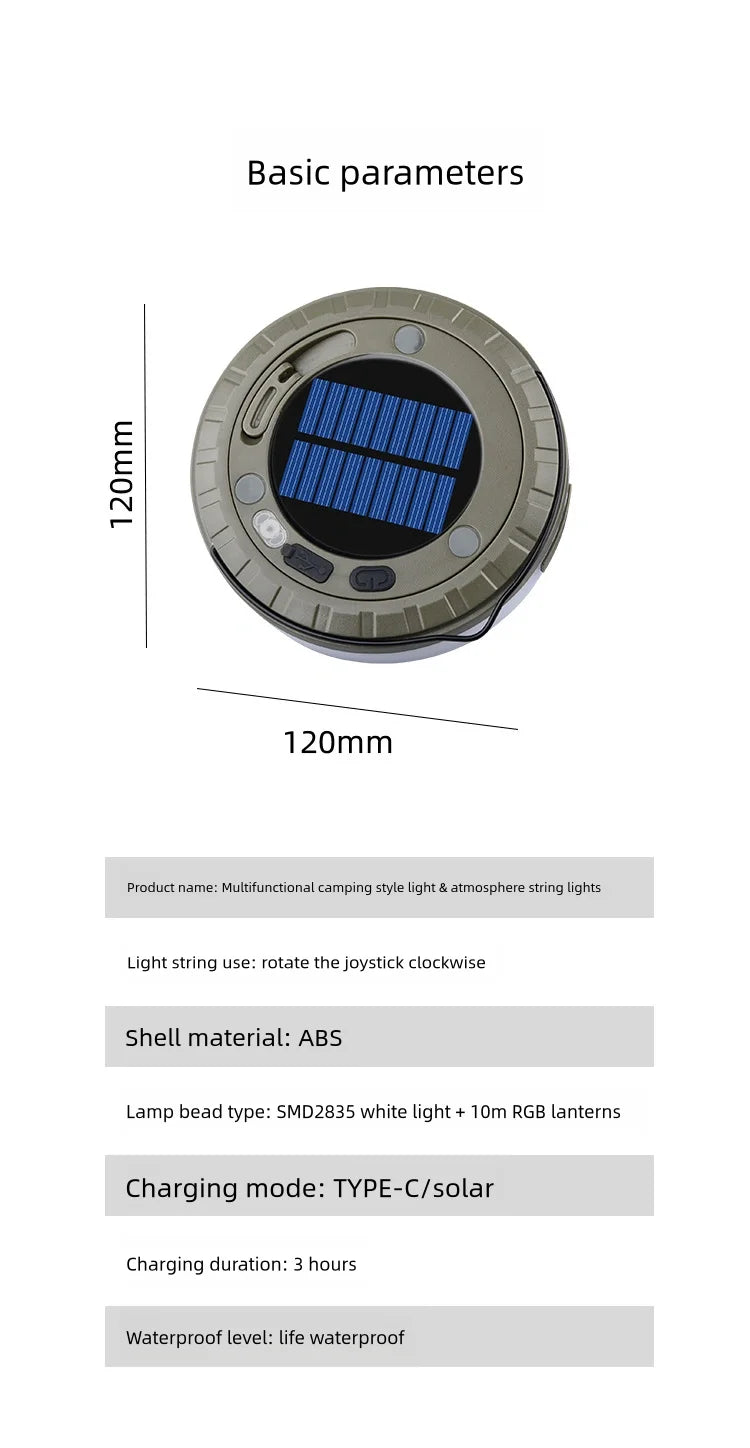 Outdoor Camping Light 10meter String Light Outdoor Tent Light RGB Atmosphere Light LED Flashlight with Hook 