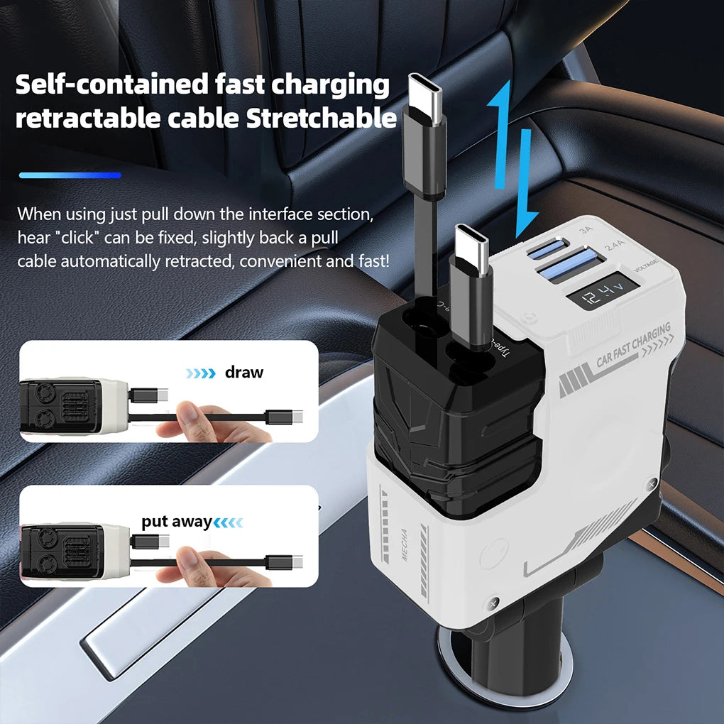 Car Charger, 4-in-1 Retractable Cigarette Lighter Adapter with USB Dual Type C Fast Charging Cable for Xiaomi 15 Huawei Android
