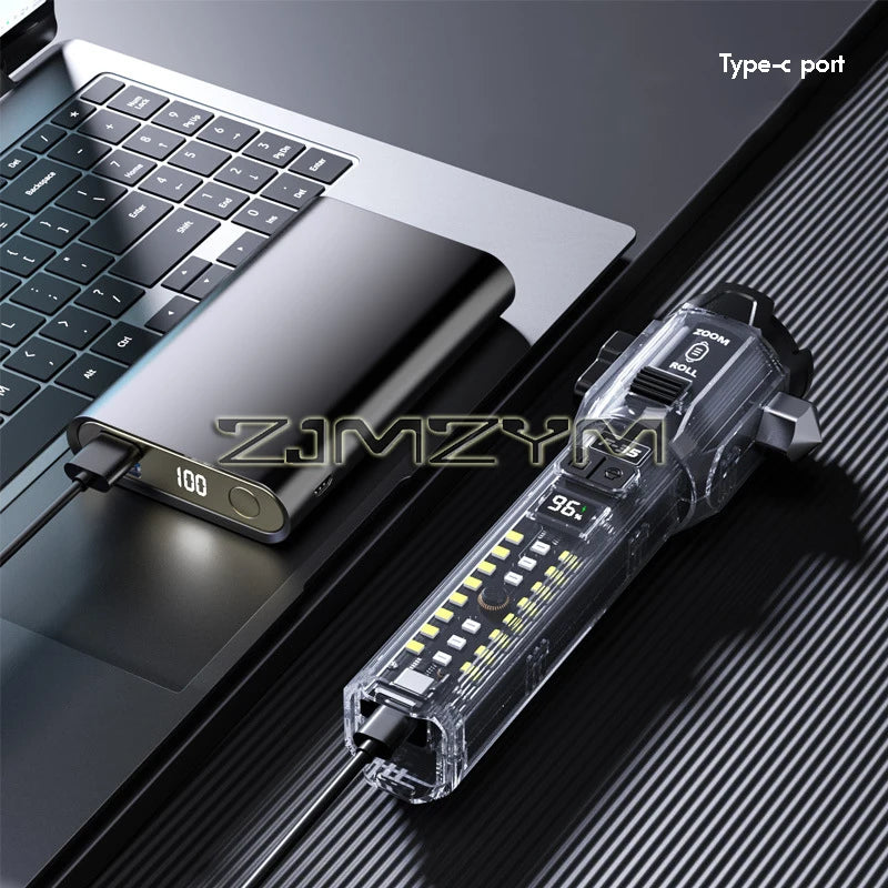 Multifunctional LED Flashlight With COB Side Light USB Charging Emergency EDC Torch Flashlight with Hammer for Self Defence