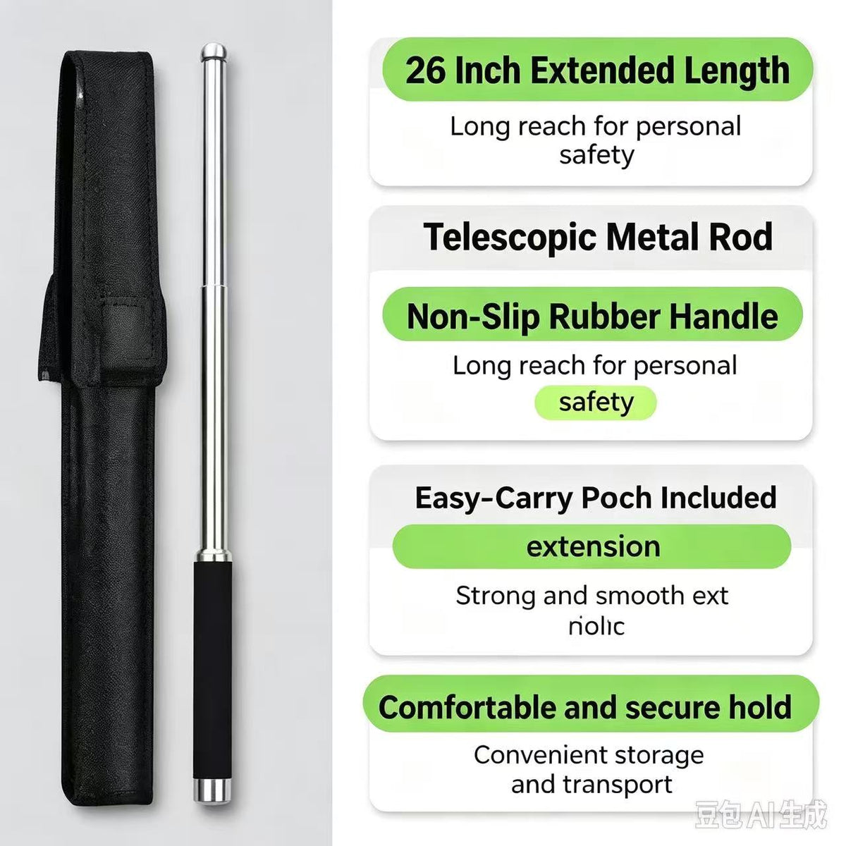 26in Expandable Self Defence Stick, Portable Telescopic Metal Rod with Storage Pouch