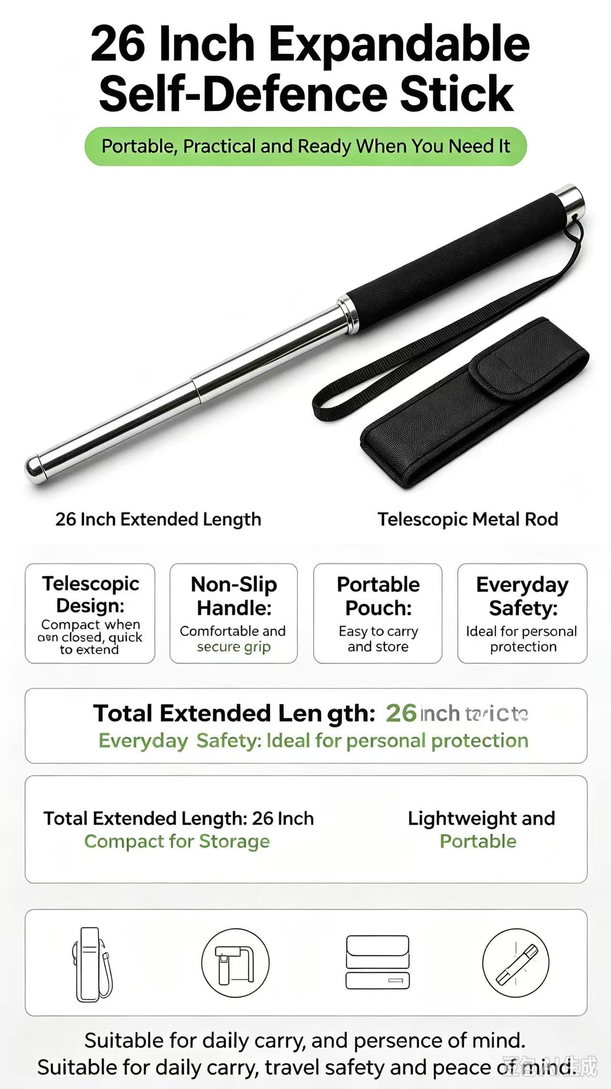 26in Expandable Self Defence Stick, Portable Telescopic Metal Rod with Storage Pouch