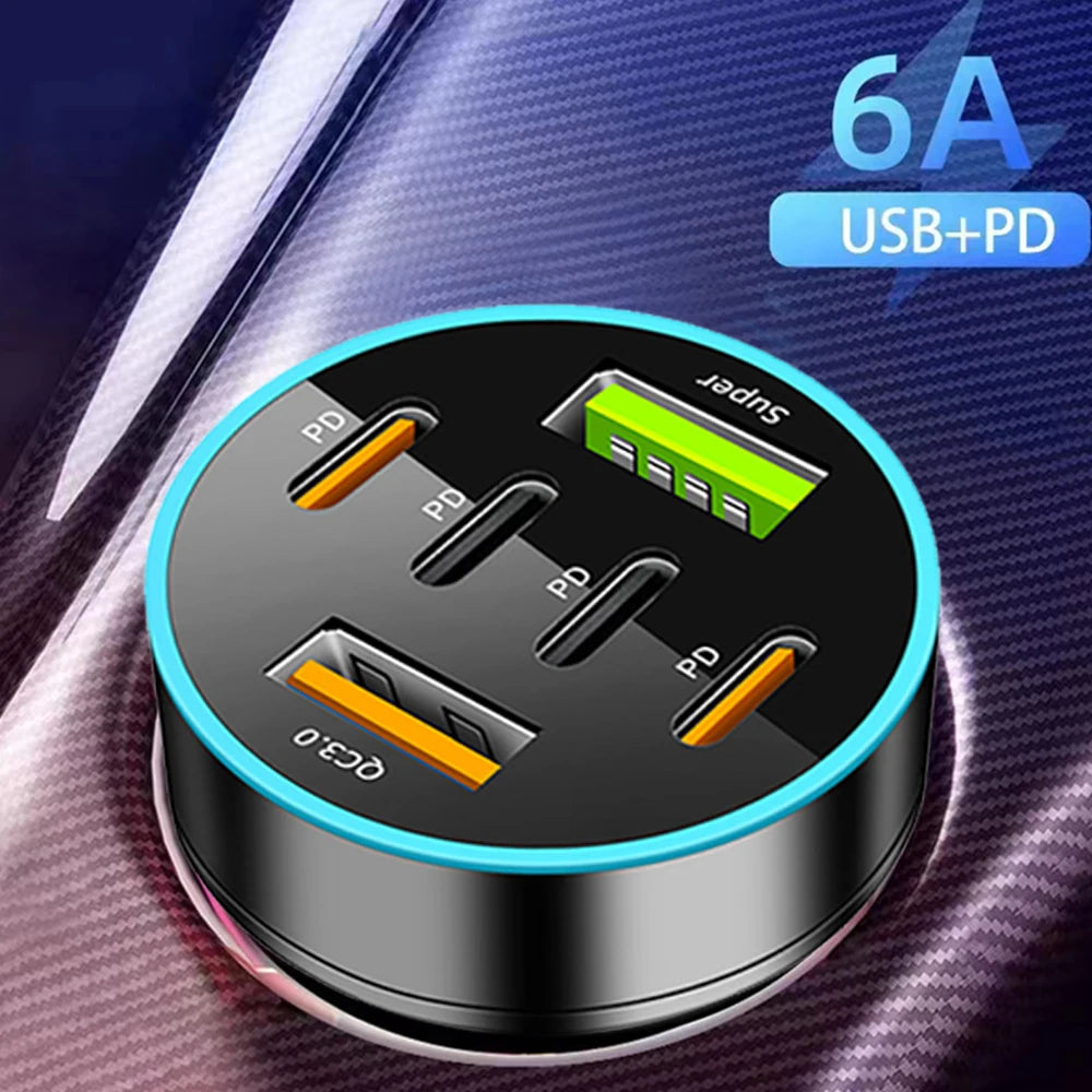 250W 6 in 1 USB Car Phone Charger Adapter 4 PD 6Ports Super Fast Charge in Car for iPhone Samsung Huawei QC 3.0