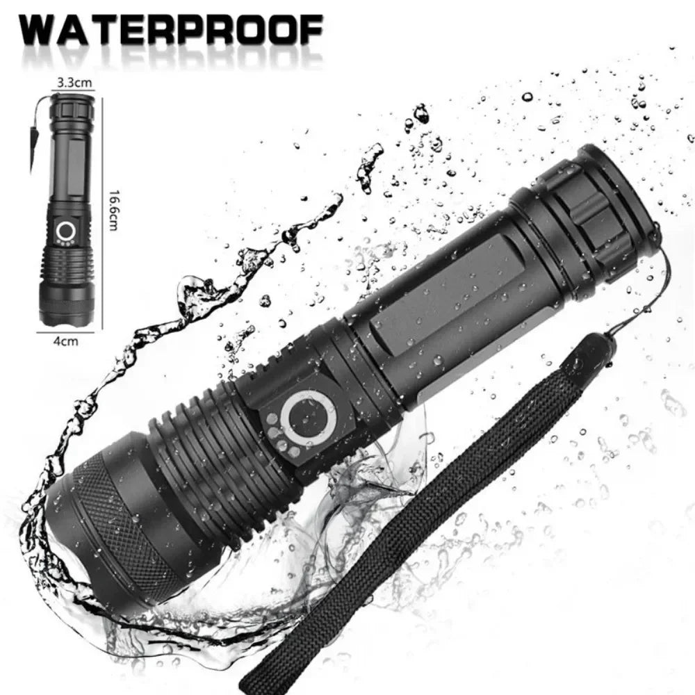 XHP90 LED Tactical Flashlight USB Rechargeable Zoomable 5Modes Torch Light Use 8800 Battery Waterproof Handlamp