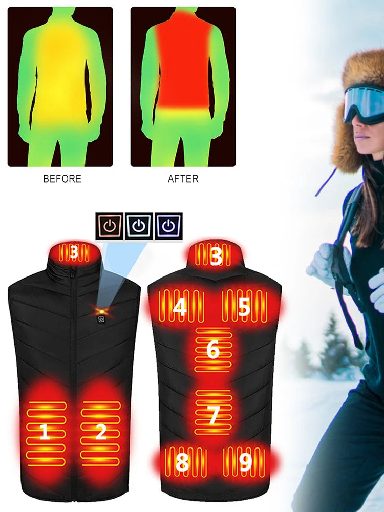 Unisex Electric Thermal Jacket Rechargable Heating Thermal Vest Infrared Carbon Fibe 3 Heating Levels for Trekking Ski Cycling
