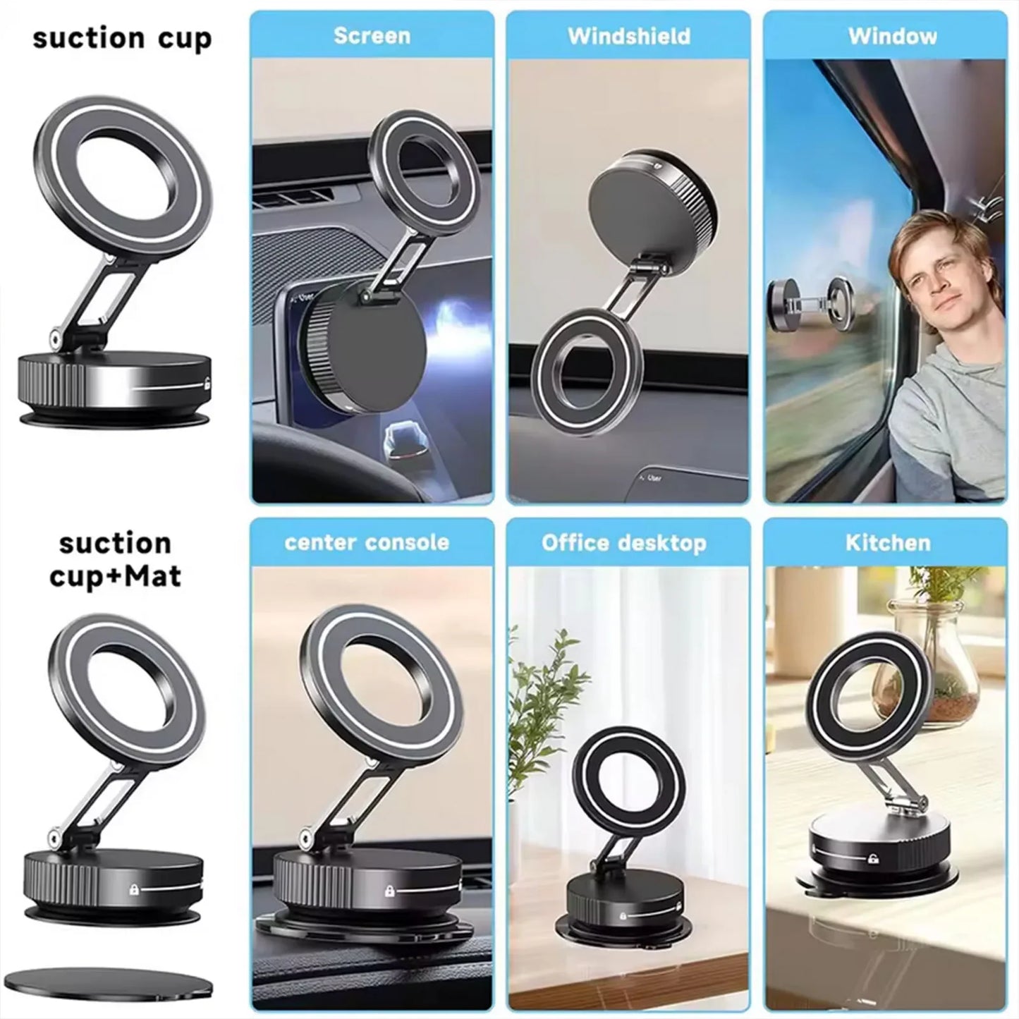 Super Strong Vacuum Suction Cup Magnetic Phone Holder 360° Rotatable Adjustable Foldable Car Phone Stand