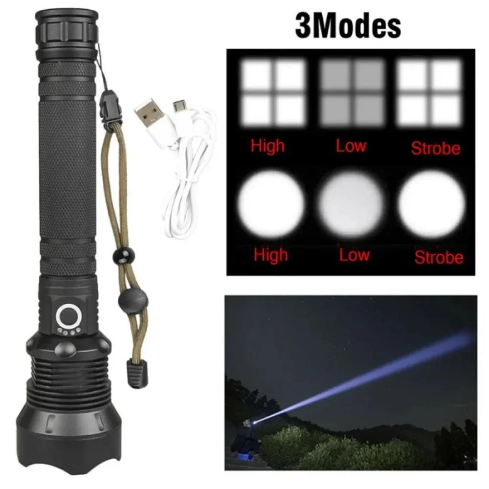 XHP90 LED Tactical Flashlight USB Rechargeable Zoomable 5Modes Torch Light Use 8800 Battery Waterproof Handlamp