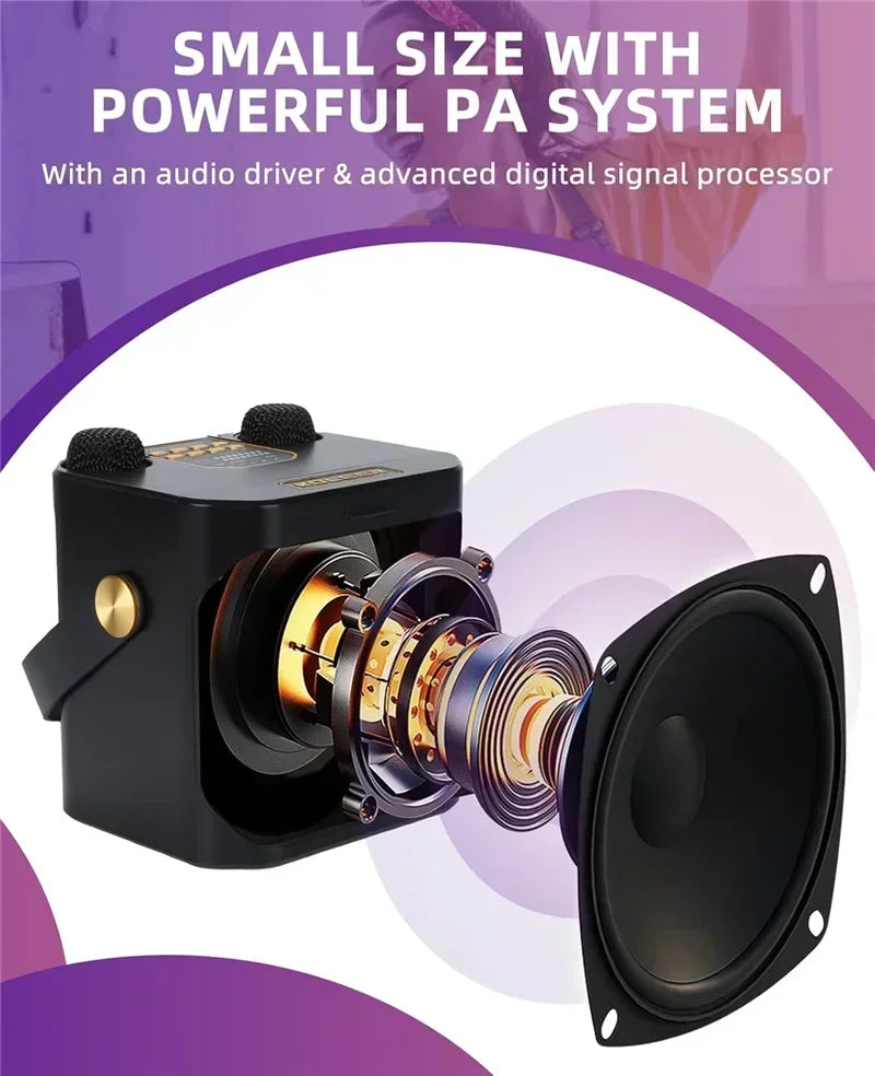 High Power Karaoke Bluetooth Speaker Portable 360 Stereo Surround Wireless Subwoofer with 2 Microphone Boombox Child Home Gift