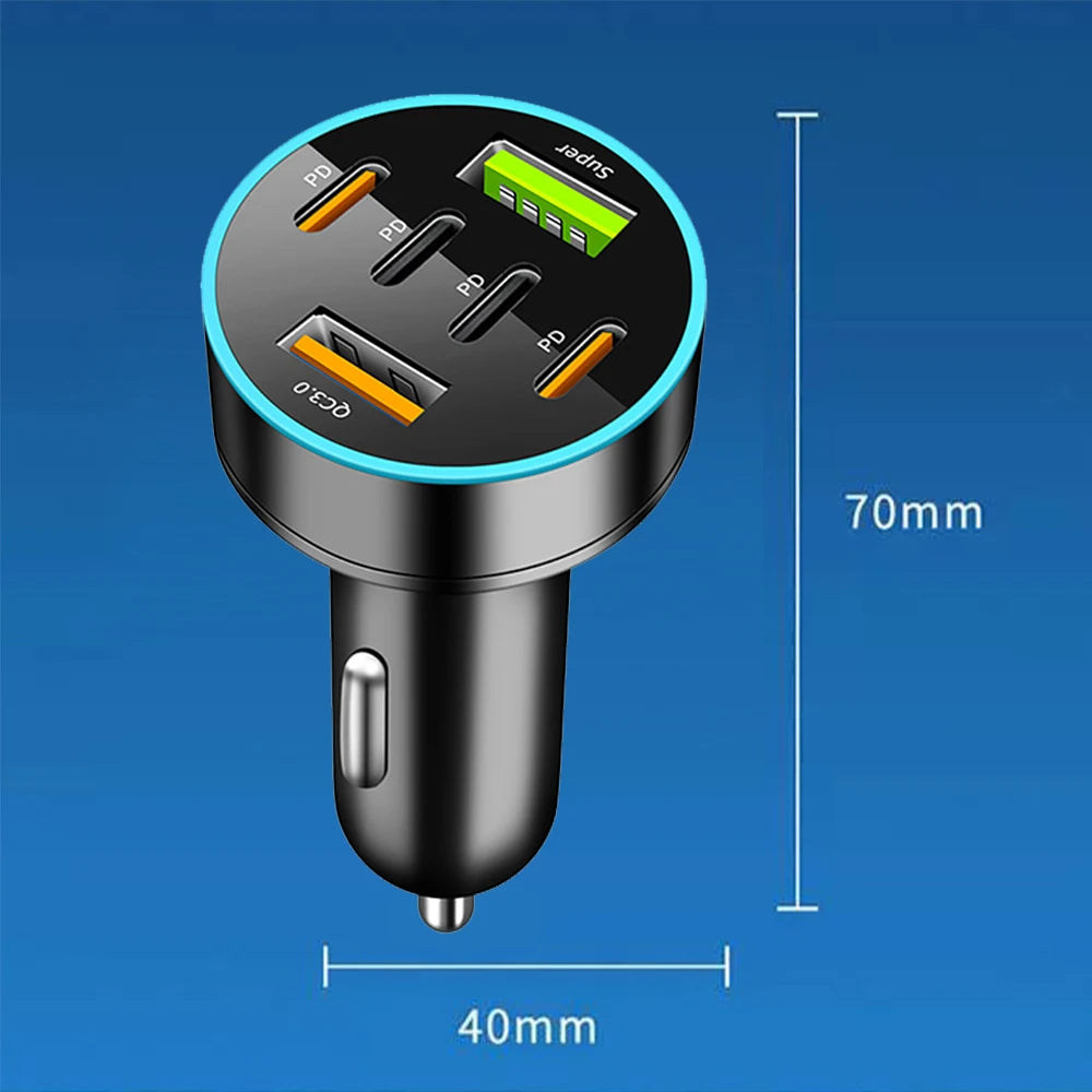250W 6 in 1 USB Car Phone Charger Adapter 4 PD 6Ports Super Fast Charge in Car for iPhone Samsung Huawei QC 3.0