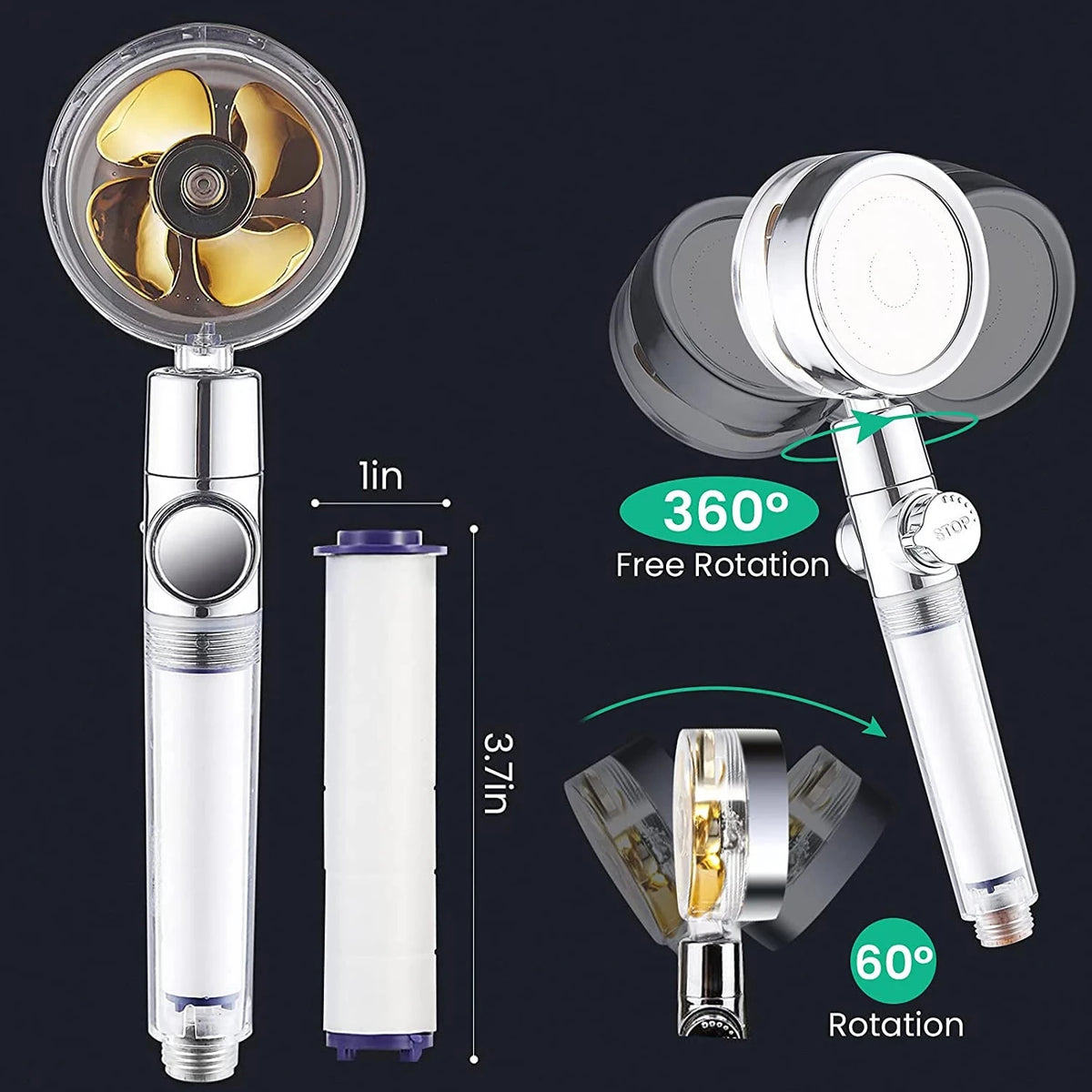 NEW Hand-held High Pressure Massage Shower Head Water Saving Spray Shower Head 360 Rotated Rainfall Shower Head with Filter Fan