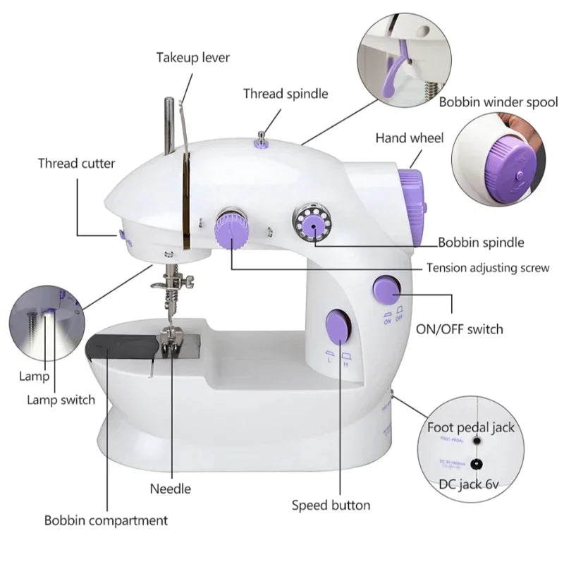 Mini Electric Sewing Machine Household Double Speed Sewing Machine with Night Light and Foot Pedal DIY Sewing Kit for Beginner
