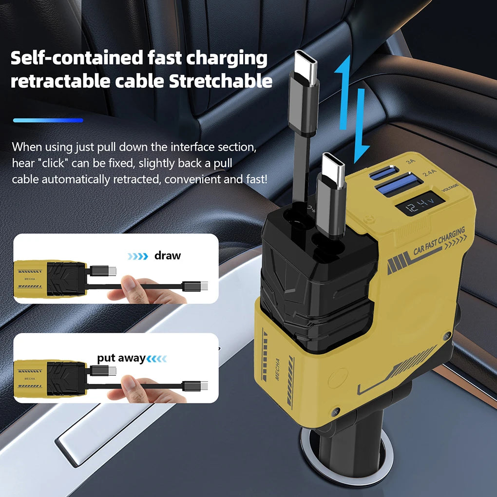 Car Charger, 4-in-1 Retractable Cigarette Lighter Adapter with USB Dual  Type C Fast Charging Cable for Xiaomi 15 Huawei Android