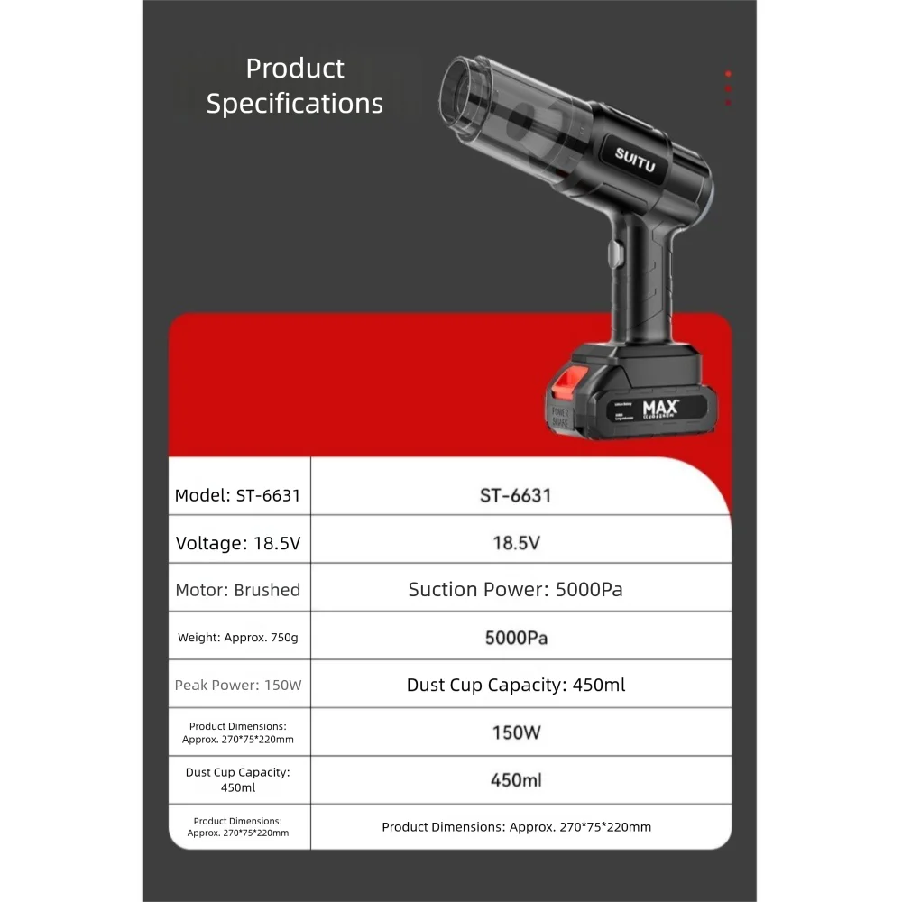 5000Pa Suction Car Vacuum Cleaner High Power 1500mAh Cordless Auto Vacuum Super Suction Multifunctional Wireless Dust Blower