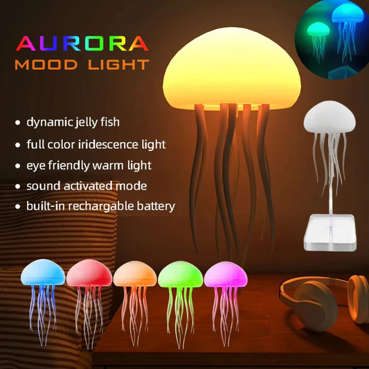 RGB Cartoon Jellyfish Night Light Voice Control Lamp USB Powered Gradient Color Changing Soft Ambient Bedside Light Home Decor