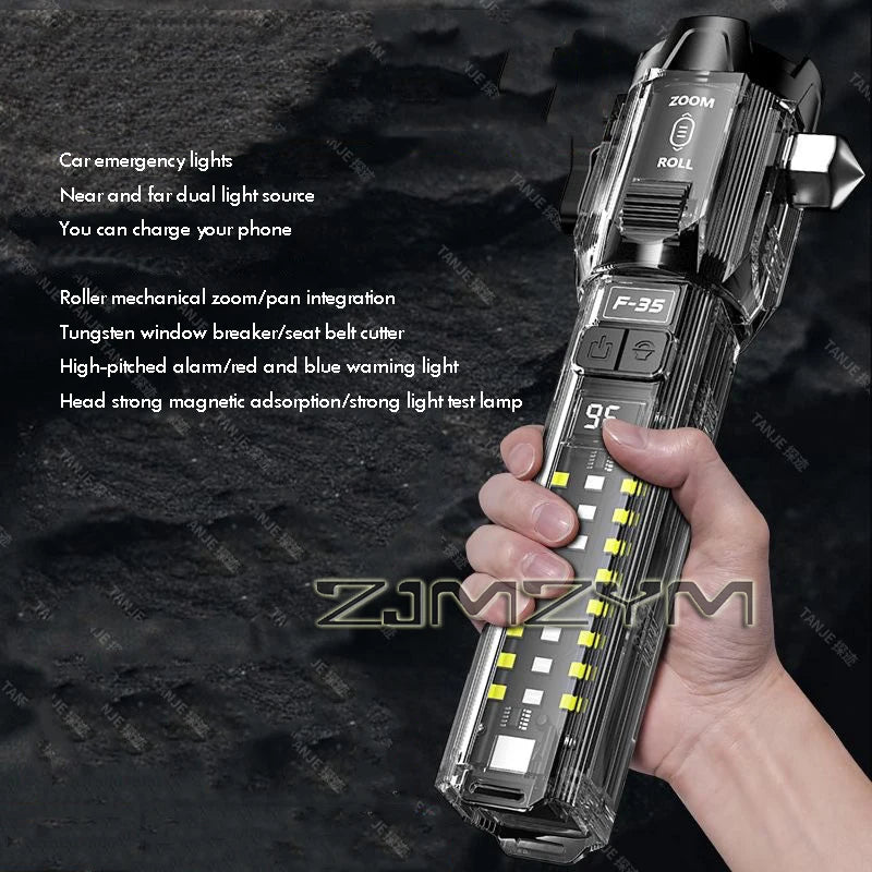Multifunctional LED Flashlight With COB Side Light USB Charging Emergency EDC Torch Flashlight with Hammer for Self Defence
