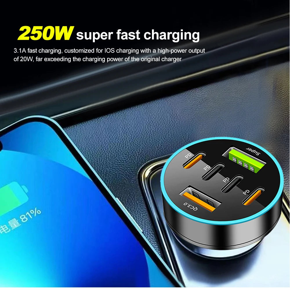 250W 6 in 1 USB Car Phone Charger Adapter 4 PD 6Ports Super Fast Charge in Car for iPhone Samsung Huawei QC 3.0