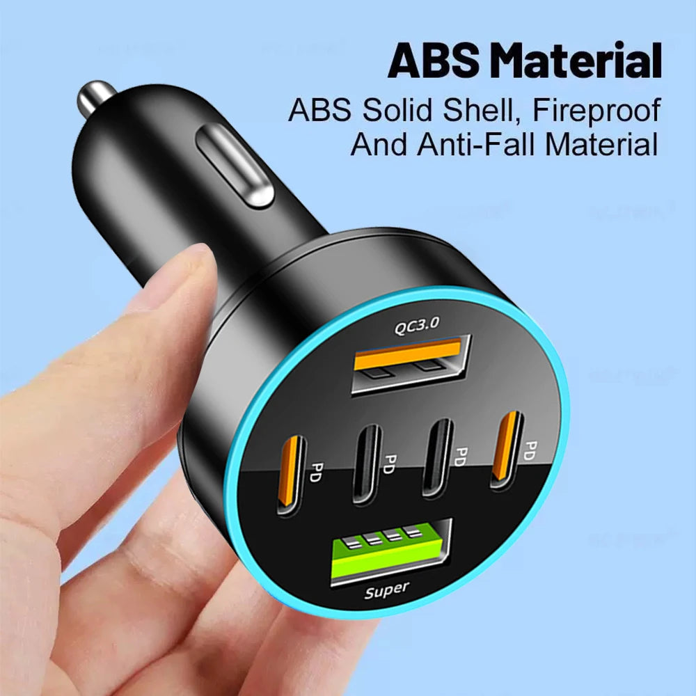 250W 6 in 1 USB Car Phone Charger Adapter 4 PD 6Ports Super Fast Charge in Car for iPhone Samsung Huawei QC 3.0