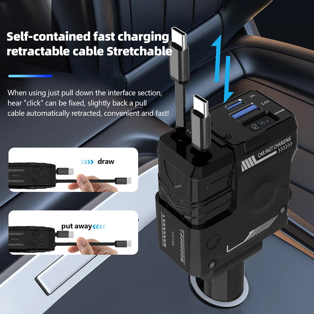 Car Charger, 4-in-1 Retractable Cigarette Lighter Adapter with USB Dual  Type C Fast Charging Cable for Xiaomi 15 Huawei Android