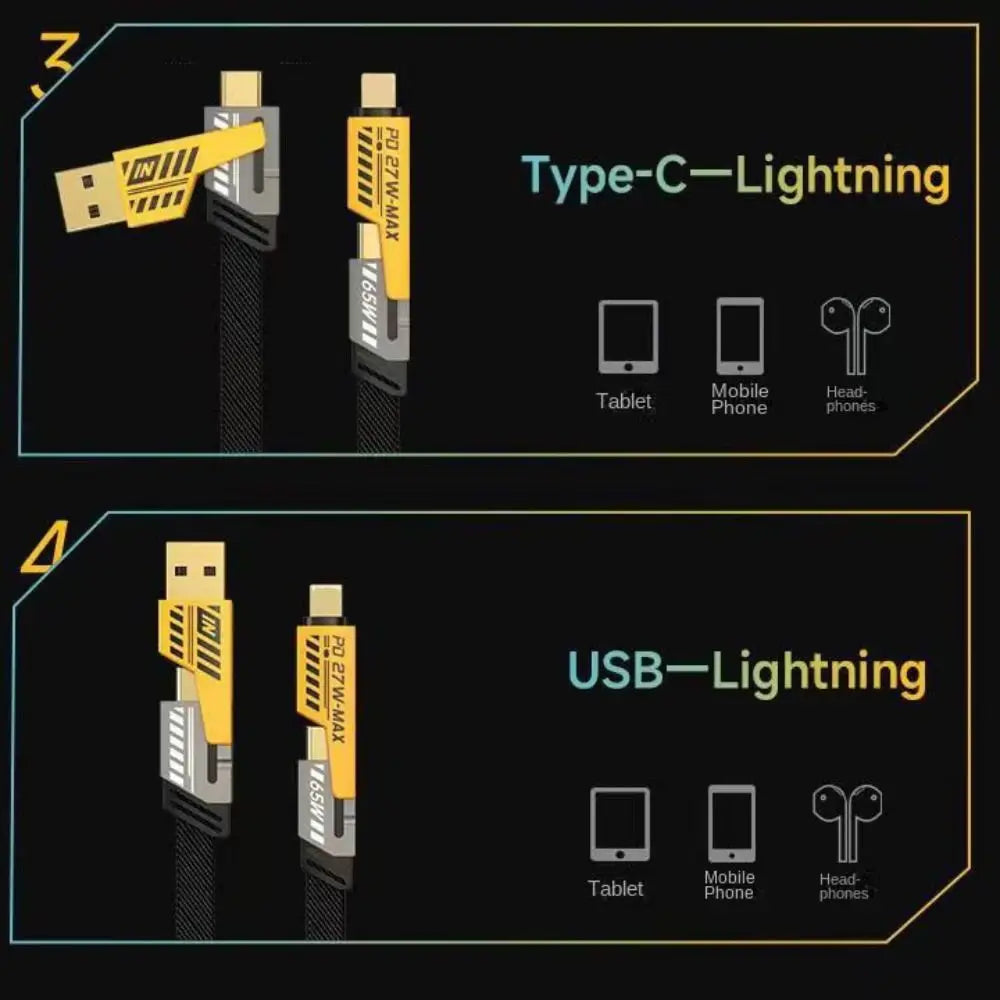 Four-in-one Fast Data Cable Multi-function Fast Charging Mecha Data Cable USB Type C PD Dual Type-C Extension Cable
