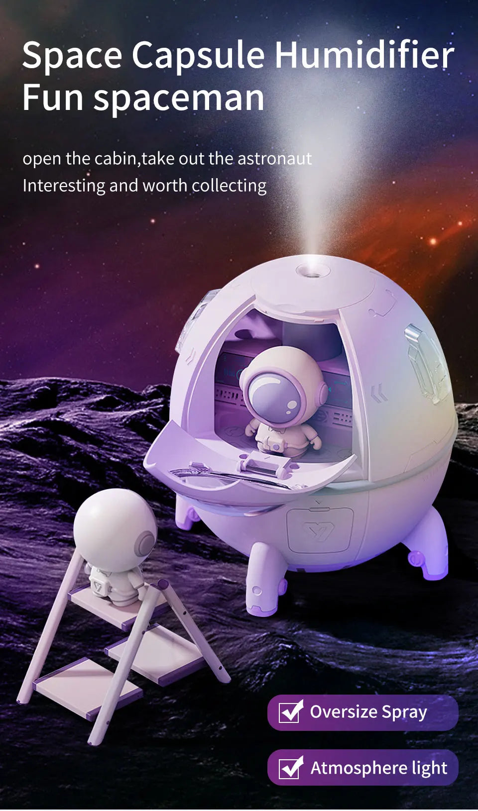 Rechargeable/USB Plug in LED Night Light Child Gift Astronauta Space Capsule Humidifier Bedroom Decor Room Atmosphere Lamp