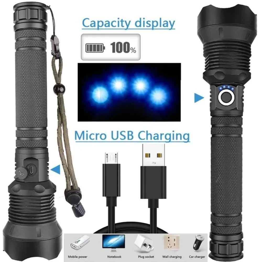 XHP90 LED Tactical Flashlight USB Rechargeable Zoomable 5Modes Torch Light Use 8800 Battery Waterproof Handlamp