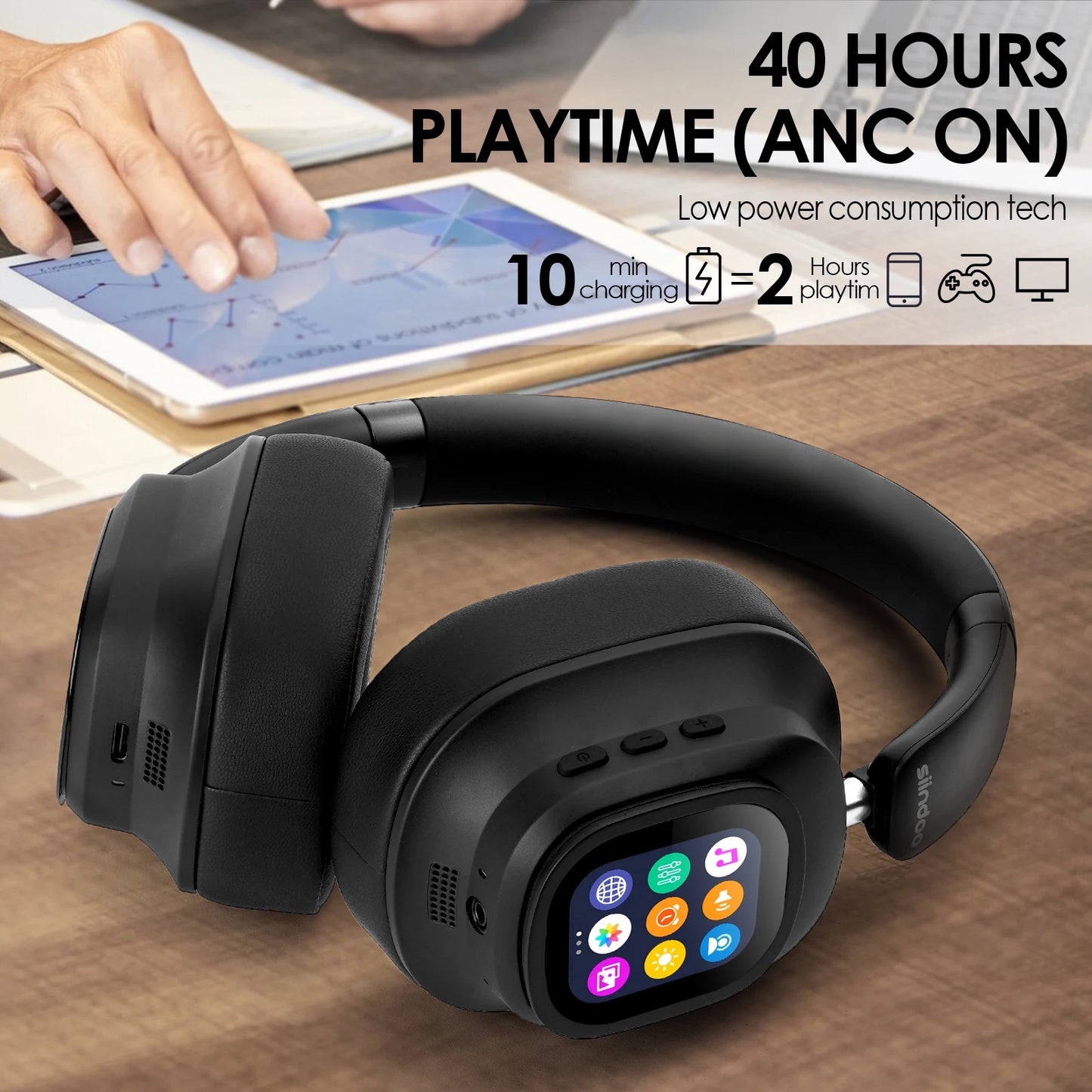Siindoo NEWEST ANC930Plus Hybrid ANC Wireless Headphone, With Multi Magnetic Touch Control LED Screen AND APP Download 1GB MP3