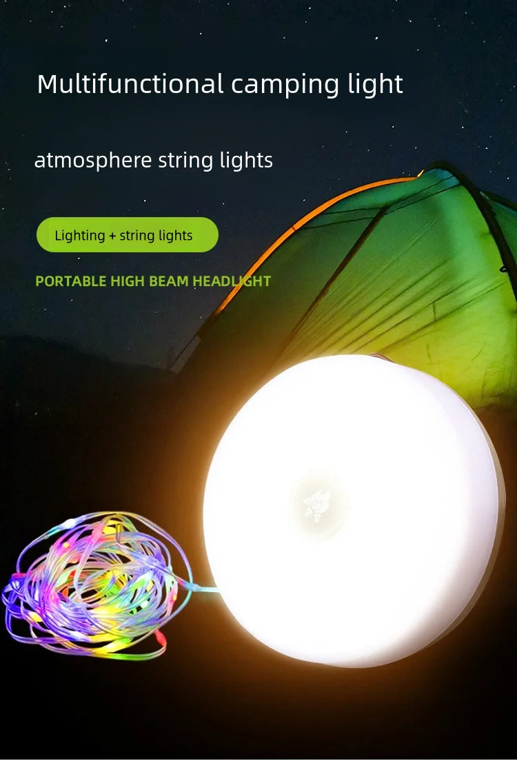 Outdoor Camping Light 10meter String Light Outdoor Tent Light RGB Atmosphere Light LED Flashlight with Hook ﻿