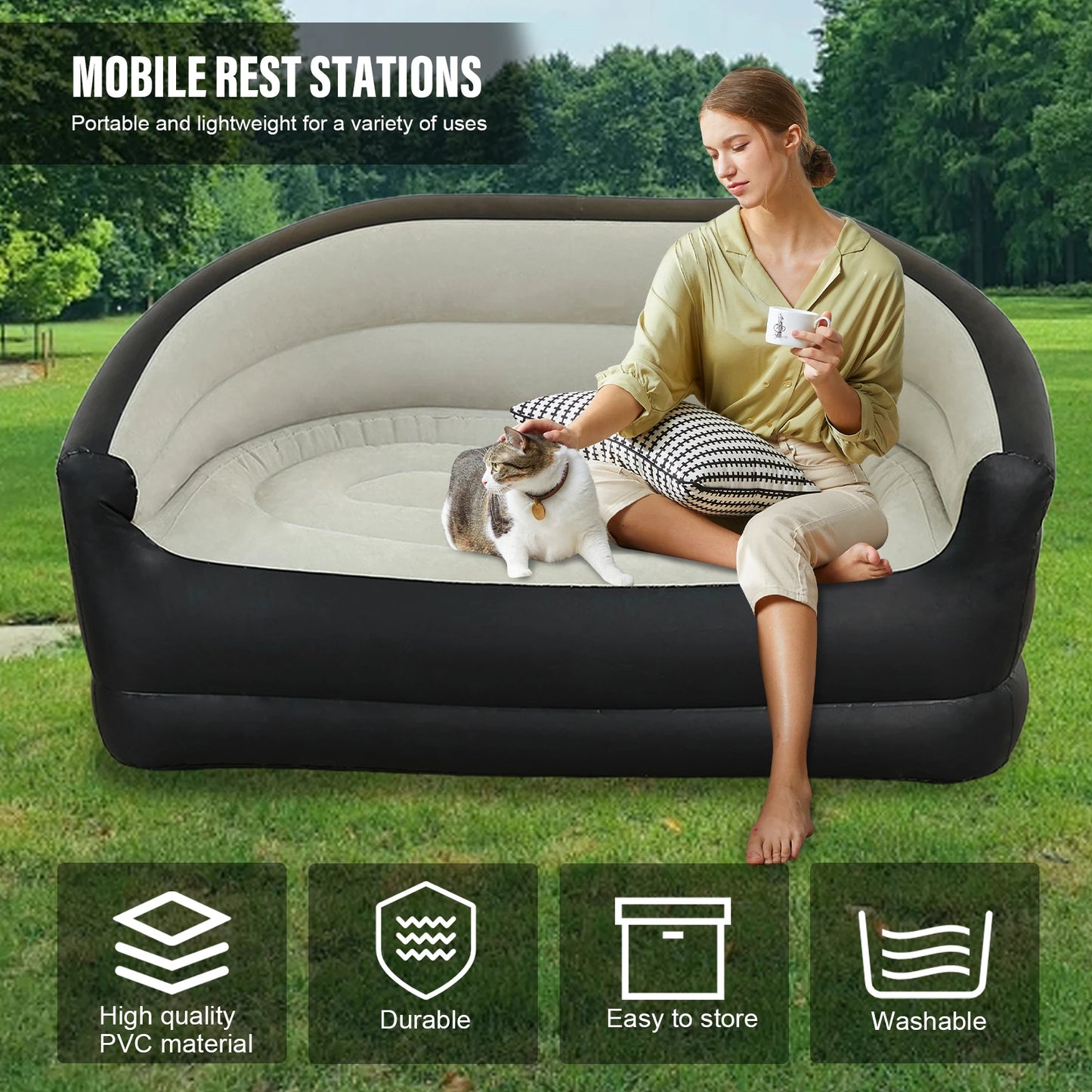 Twin Size Outdoor Inflatable Sofa with Air Pump Blow Up Couch Inflatable Lounging Sofa for Indoor Outdoor Home Living Room