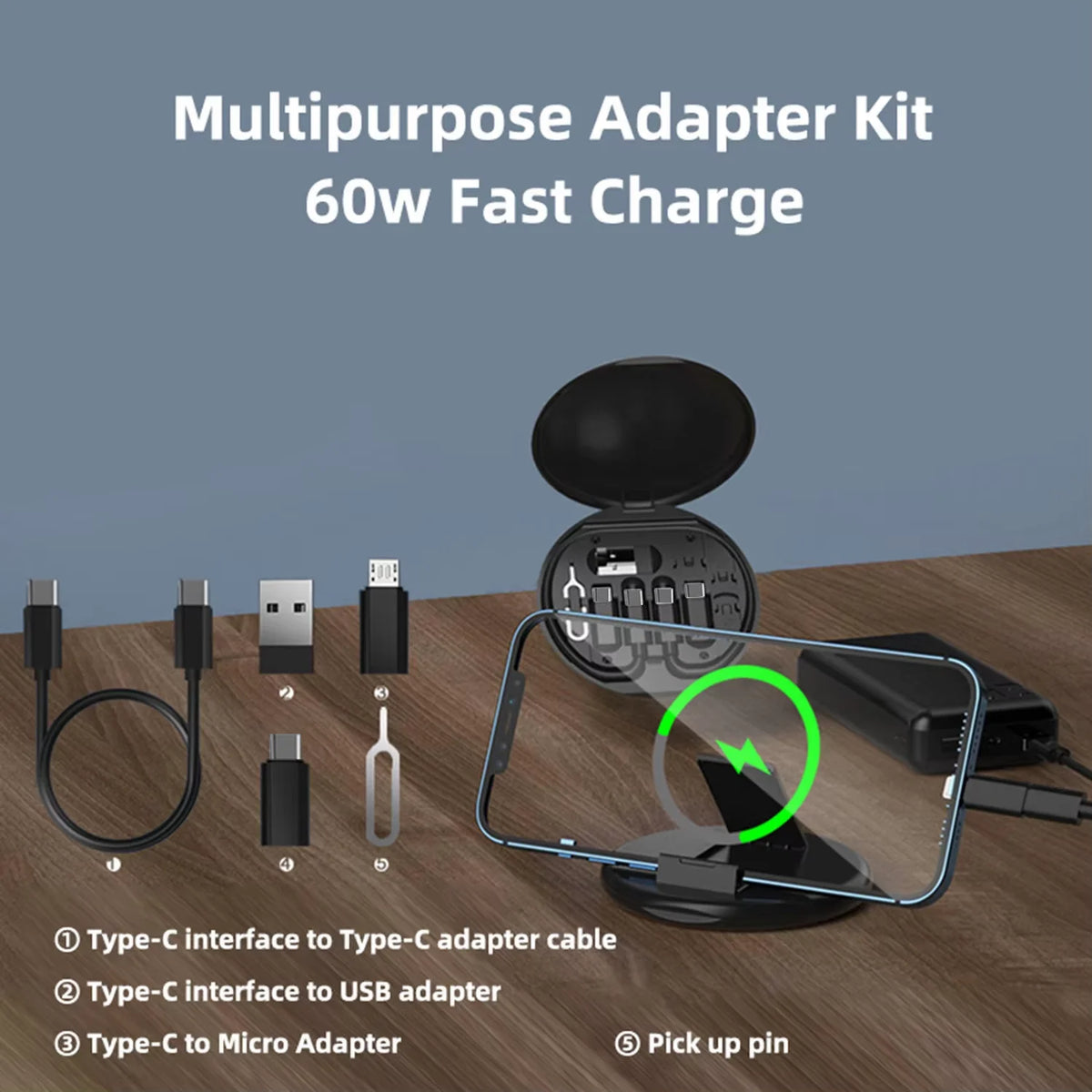 Multifunctional Data Cable Storage Box,USB C to Micro/Lighting Fast Charging Mobile Phone Holder Cable Set Multi Conversion Head