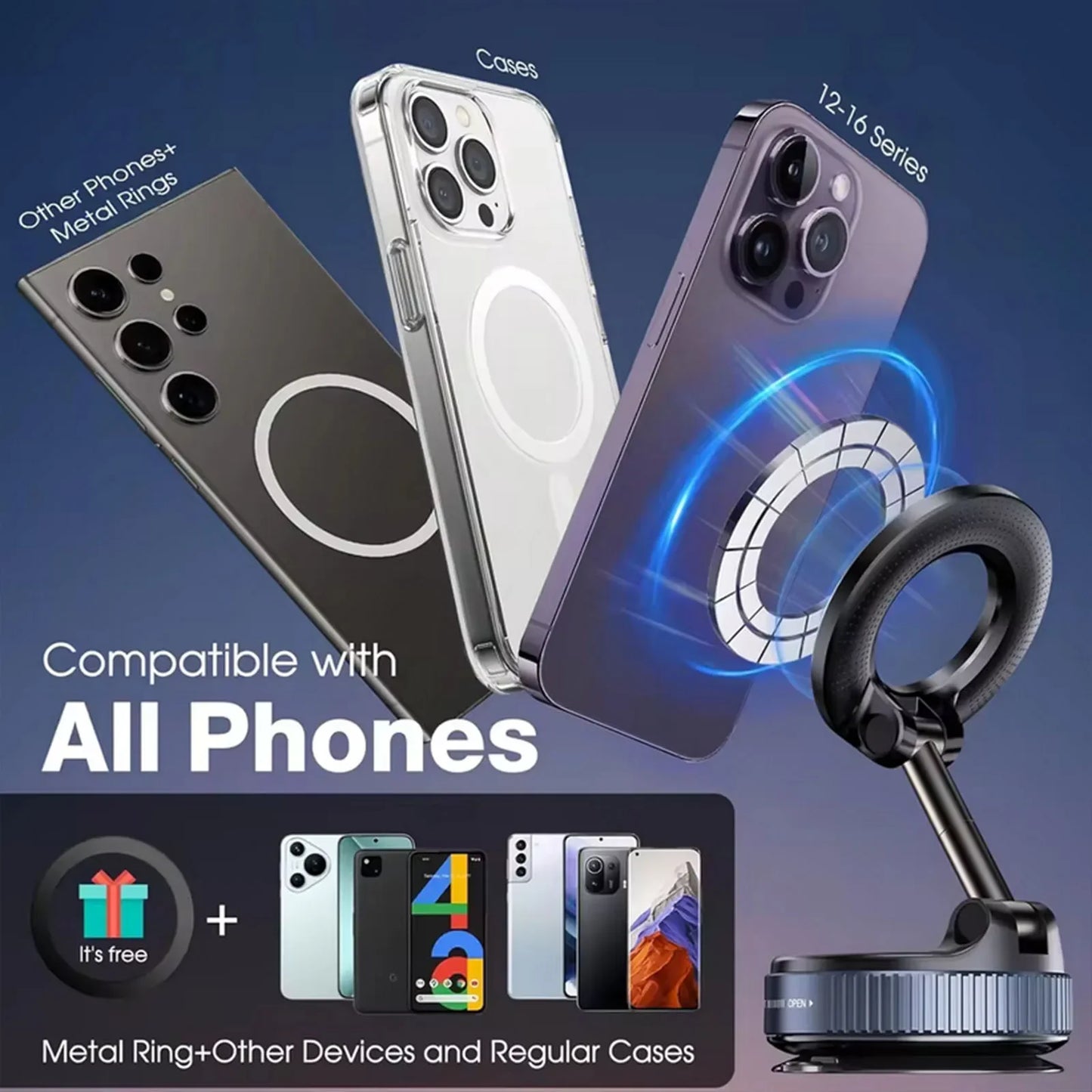 Super Strong Vacuum Suction Cup Magnetic Phone Holder 360° Rotatable Adjustable Foldable Car Phone Stand
