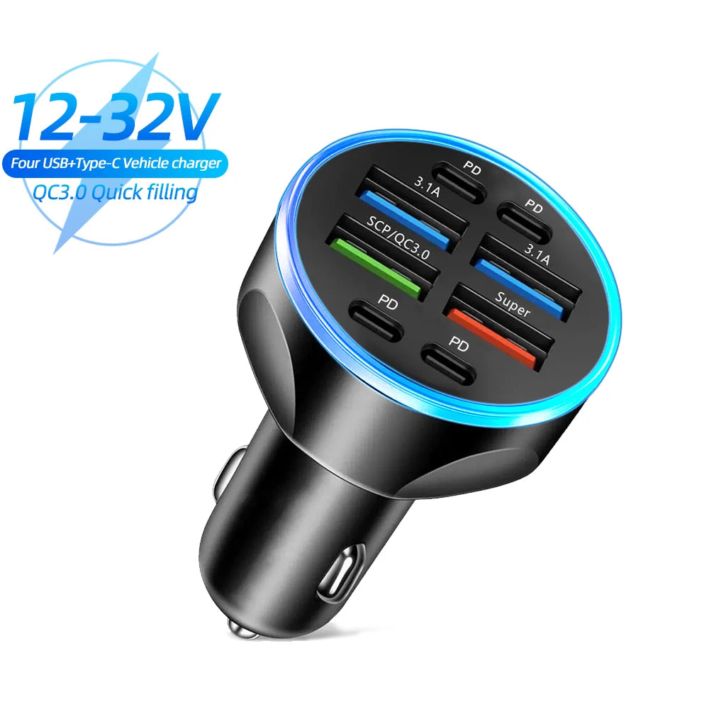 250W 6 in 1 USB Car Phone Charger Adapter 4 PD 6Ports Super Fast Charge in Car for iPhone Samsung Huawei QC 3.0