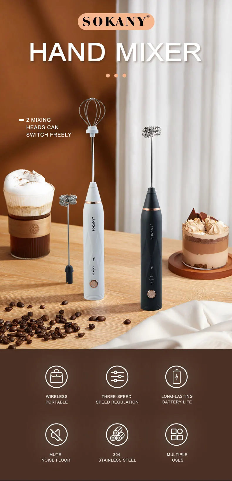 SOKANY201A Handheld Electric Eggbeater Home Cooking Machine Portable Coffee Mixer Small Appliance for Kitchen