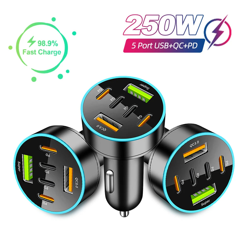 250W 6 in 1 USB Car Phone Charger Adapter 4 PD 6Ports Super Fast Charge in Car for iPhone Samsung Huawei QC 3.0