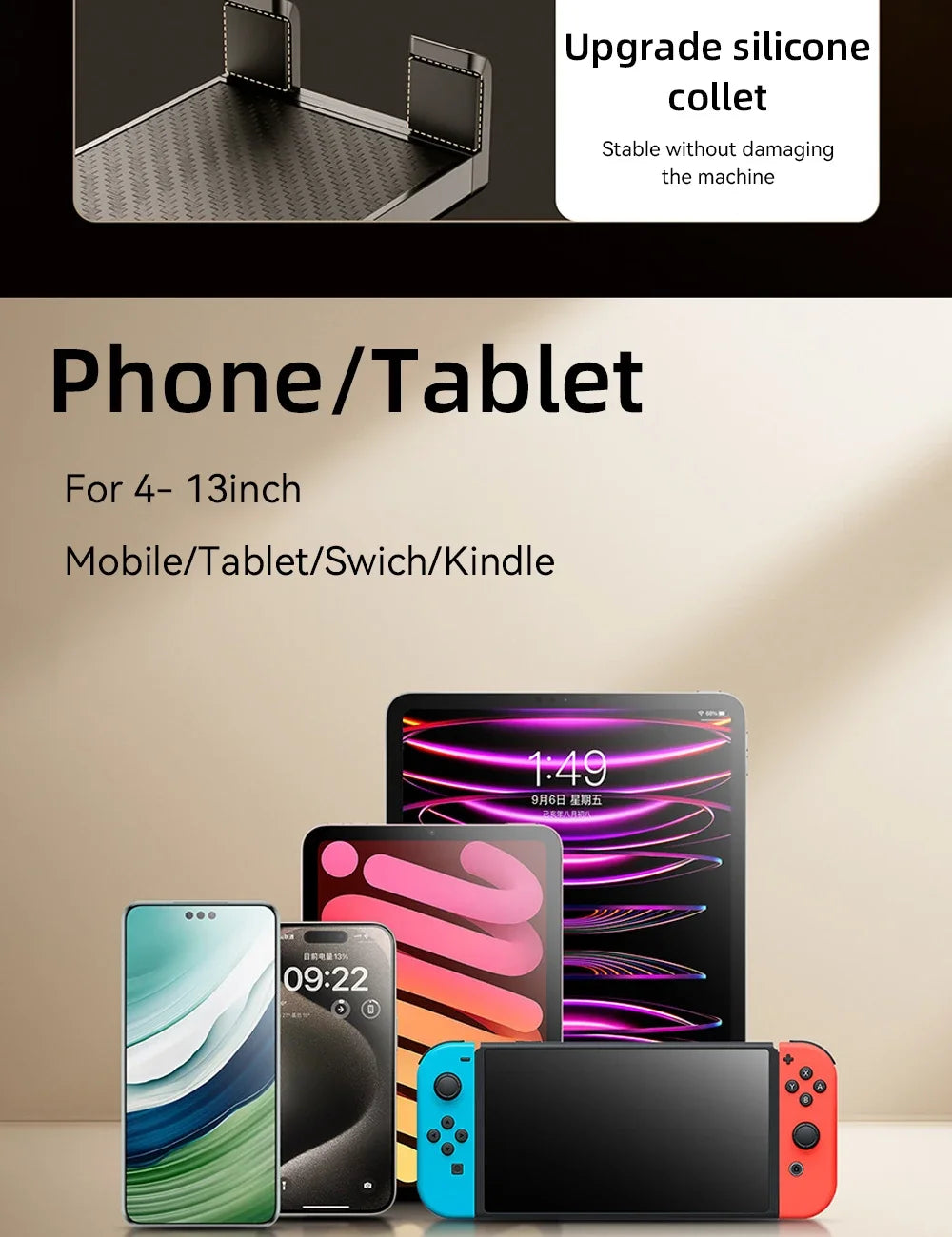 iPad Air 11 M2 2024 uchun 360° sozlanishi mumkin bo'lgan katlanadigan metall qo'ltiqli stol tagligi, planshet ushlagichi, telefon planshetlari uchun