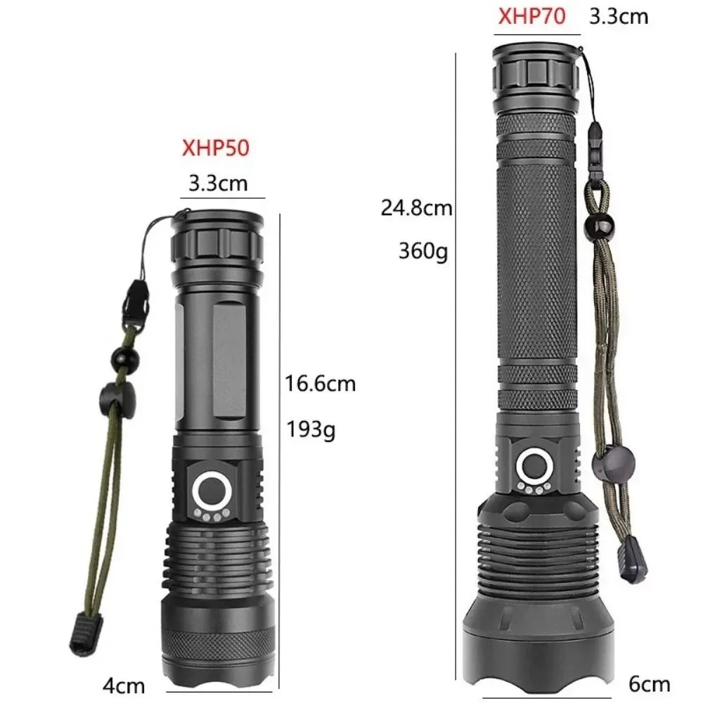 XHP90 LED Tactical Flashlight USB Rechargeable Zoomable 5Modes Torch Light Use 8800 Battery Waterproof Handlamp