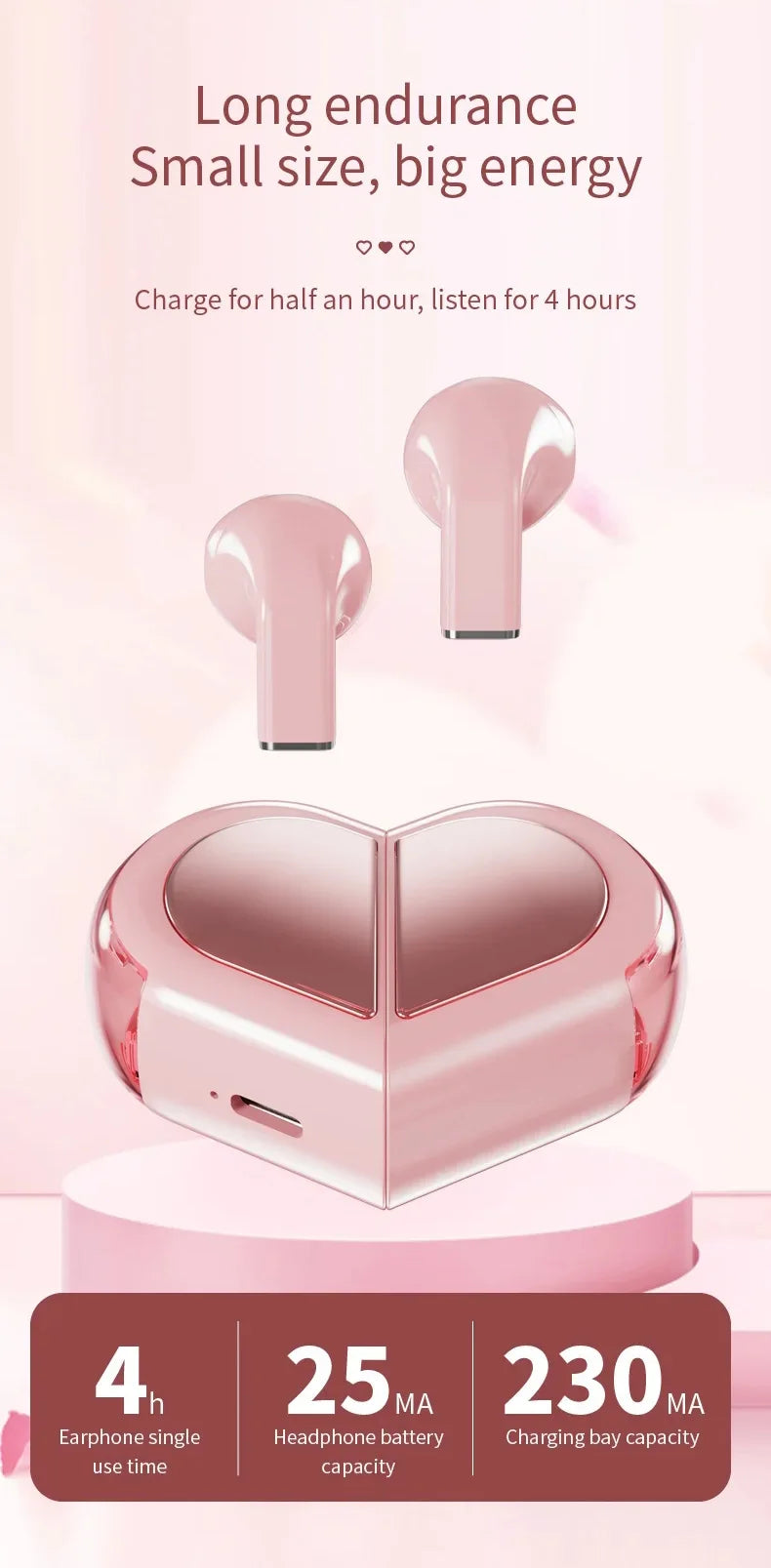 K520 wireless earphones stereo earbuds with rotatable heart-shaped low latency charger suitable for mobile phones and tablets