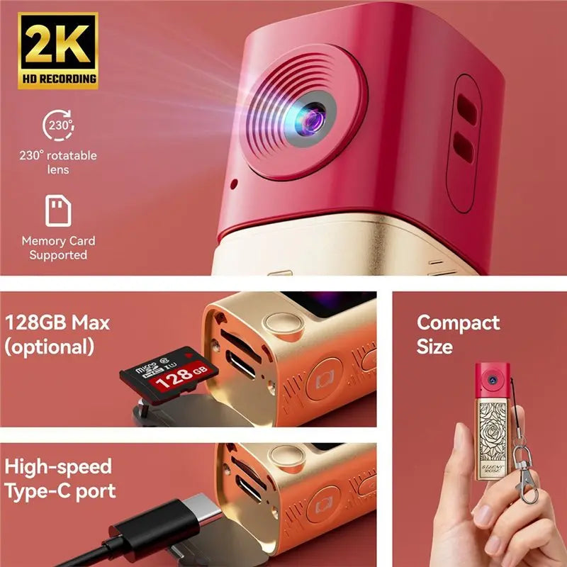 JABS-Thumb Camera 2K HD Mini Keychain Recorder Portable Autofocus 230° Video Recorder Lipstick Pocket Camcorder