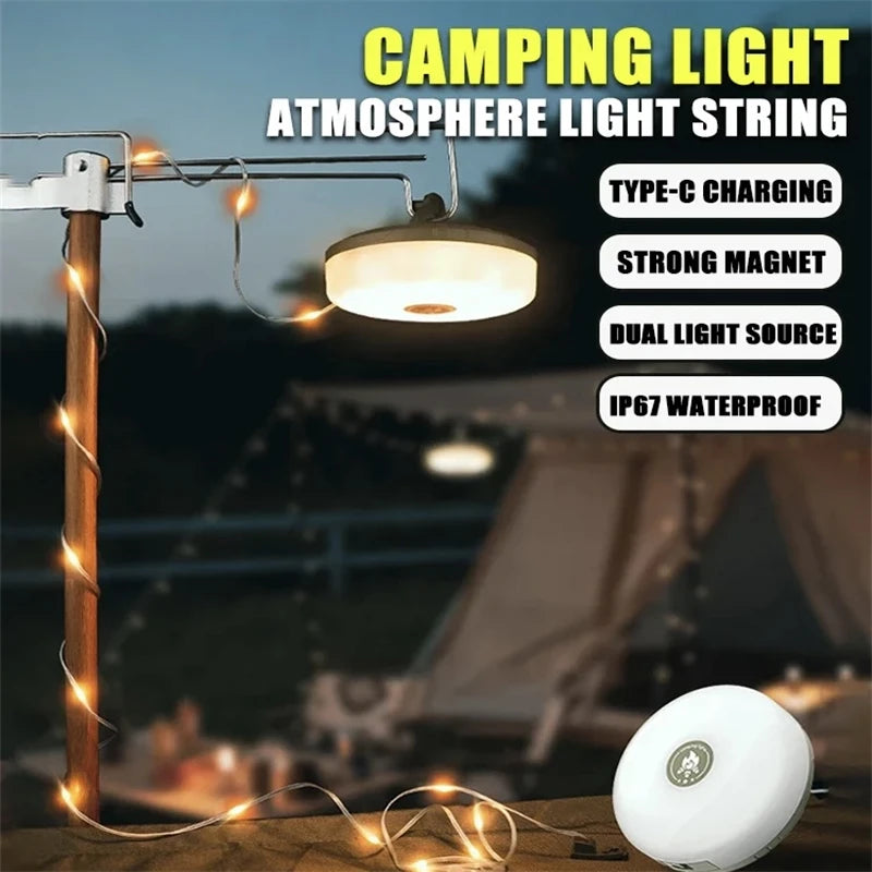 Outdoor Camping Light 10meter String Light Outdoor Tent Light RGB Atmosphere Light LED Flashlight with Hook ﻿