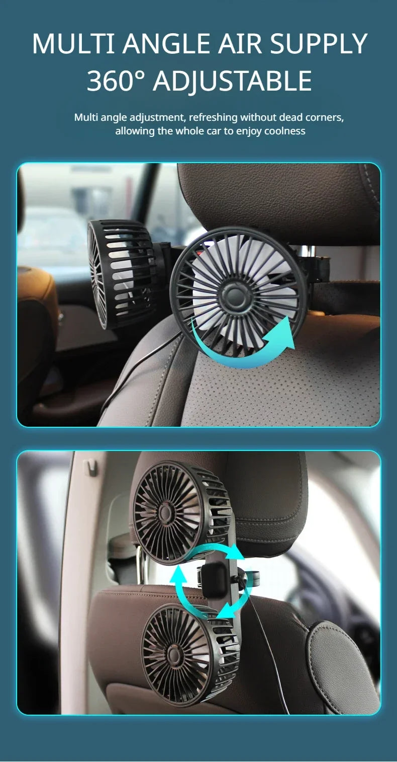 12V 24V Car Fan USB Charge Dual Head Fan 360 Degree Rotation 3-speed Car Seat Back Cooling Fan for Summer Car Accessories
