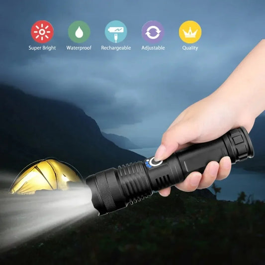 XHP90 LED Tactical Flashlight USB Rechargeable Zoomable 5Modes Torch Light Use 8800 Battery Waterproof Handlamp