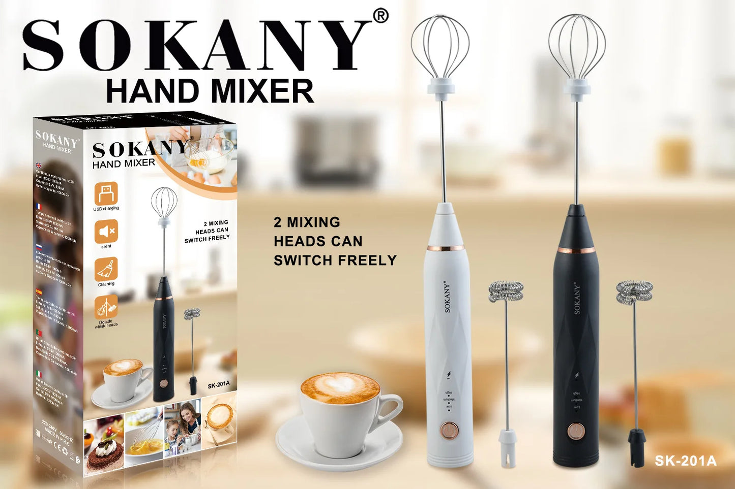 SOKANY201A Handheld Electric Eggbeater Home Cooking Machine Portable Coffee Mixer Small Appliance for Kitchen