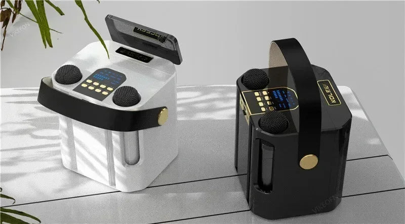 High Power Karaoke Bluetooth Speaker Portable 360 Stereo Surround Wireless Subwoofer with 2 Microphone Boombox Child Home Gift