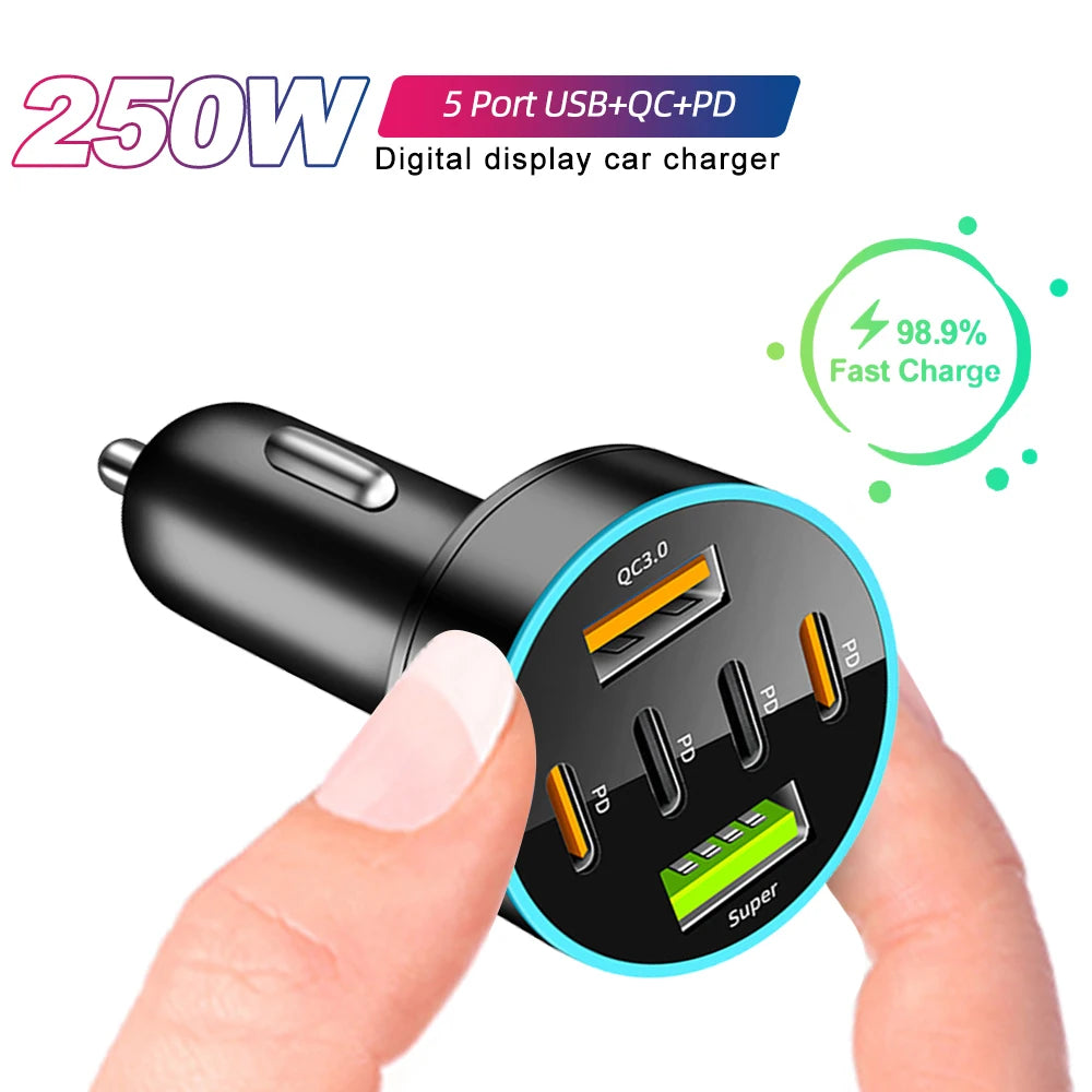 250W 6 in 1 USB Car Phone Charger Adapter 4 PD 6Ports Super Fast Charge in Car for iPhone Samsung Huawei QC 3.0