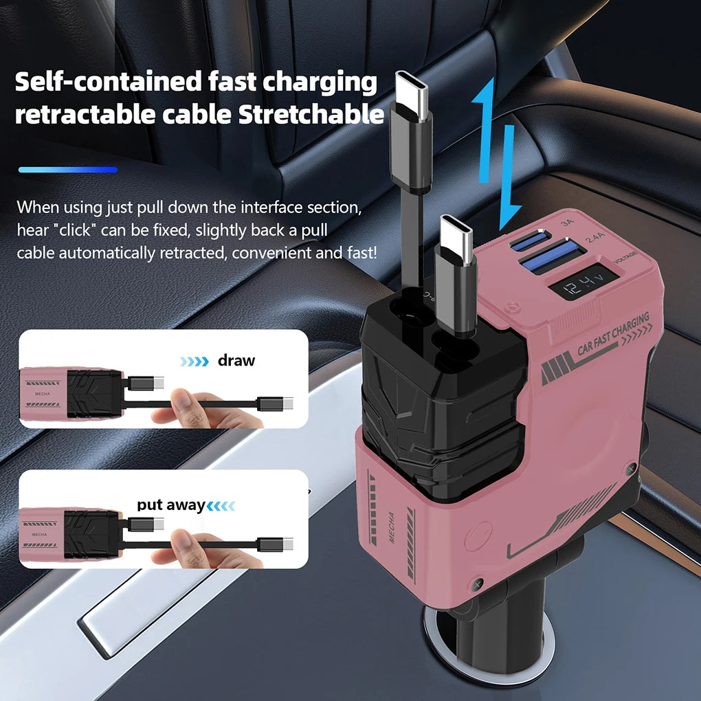 Car Charger, 4-in-1 Retractable Cigarette Lighter Adapter with USB Dual  Type C Fast Charging Cable for Xiaomi 15 Huawei Android