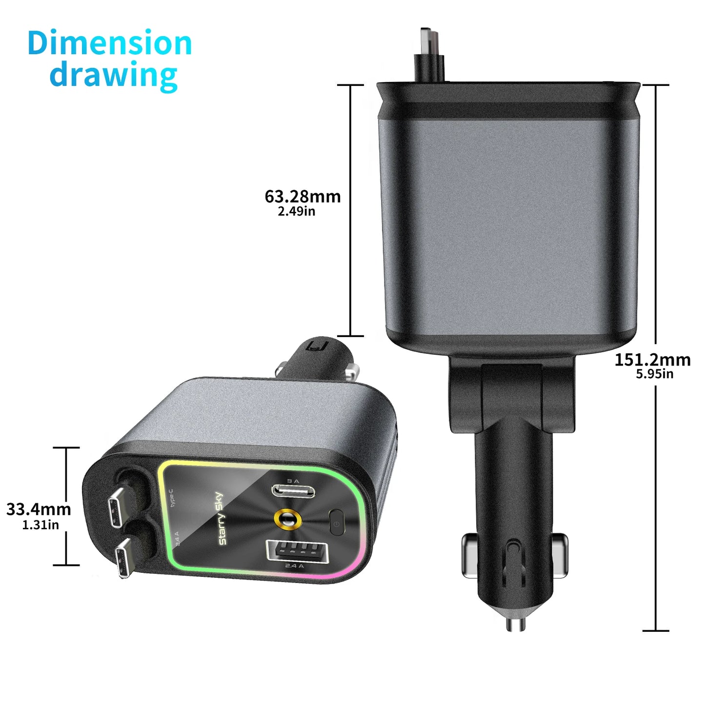 4-in-1 Car Charger with 2 Retractable Cable 120W Fast Charger Power Adapter Car Charger With Starlight For IOS Android Phones