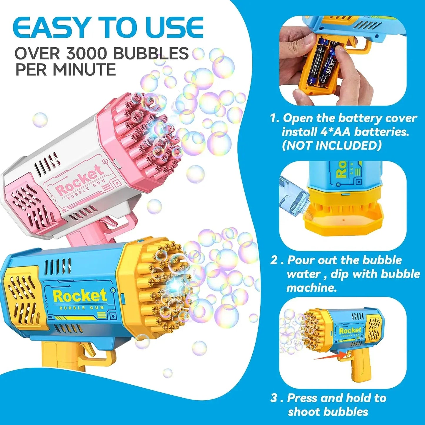 76 Hole Rocket Launcher Handheld Portable Electric Automatic Bubble Gun for Boys and Girls （Without Bubble Water）