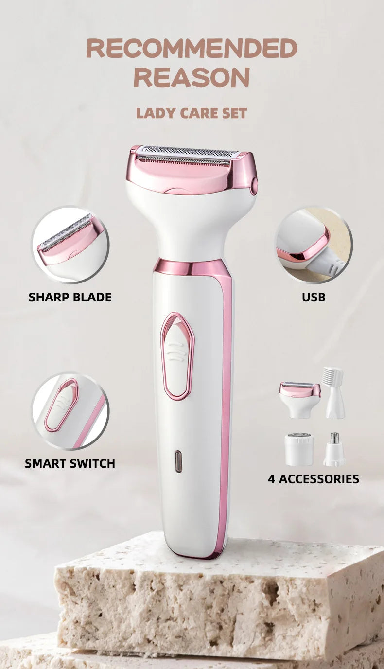 4 in 1 Electric Lady Shaver Body Hair Removal Epilator Painless Cordless Trimmer Razor Gifts for Women Home Appliances
