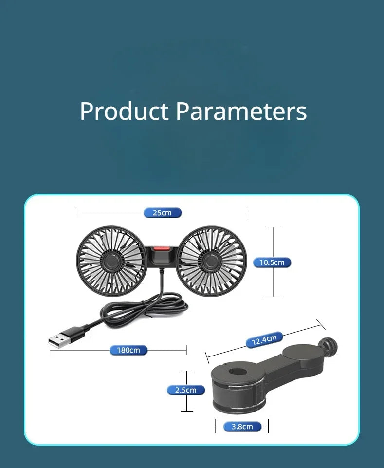 12V 24V Car Fan USB Charge Dual Head Fan 360 Degree Rotation 3-speed Car Seat Back Cooling Fan for Summer Car Accessories