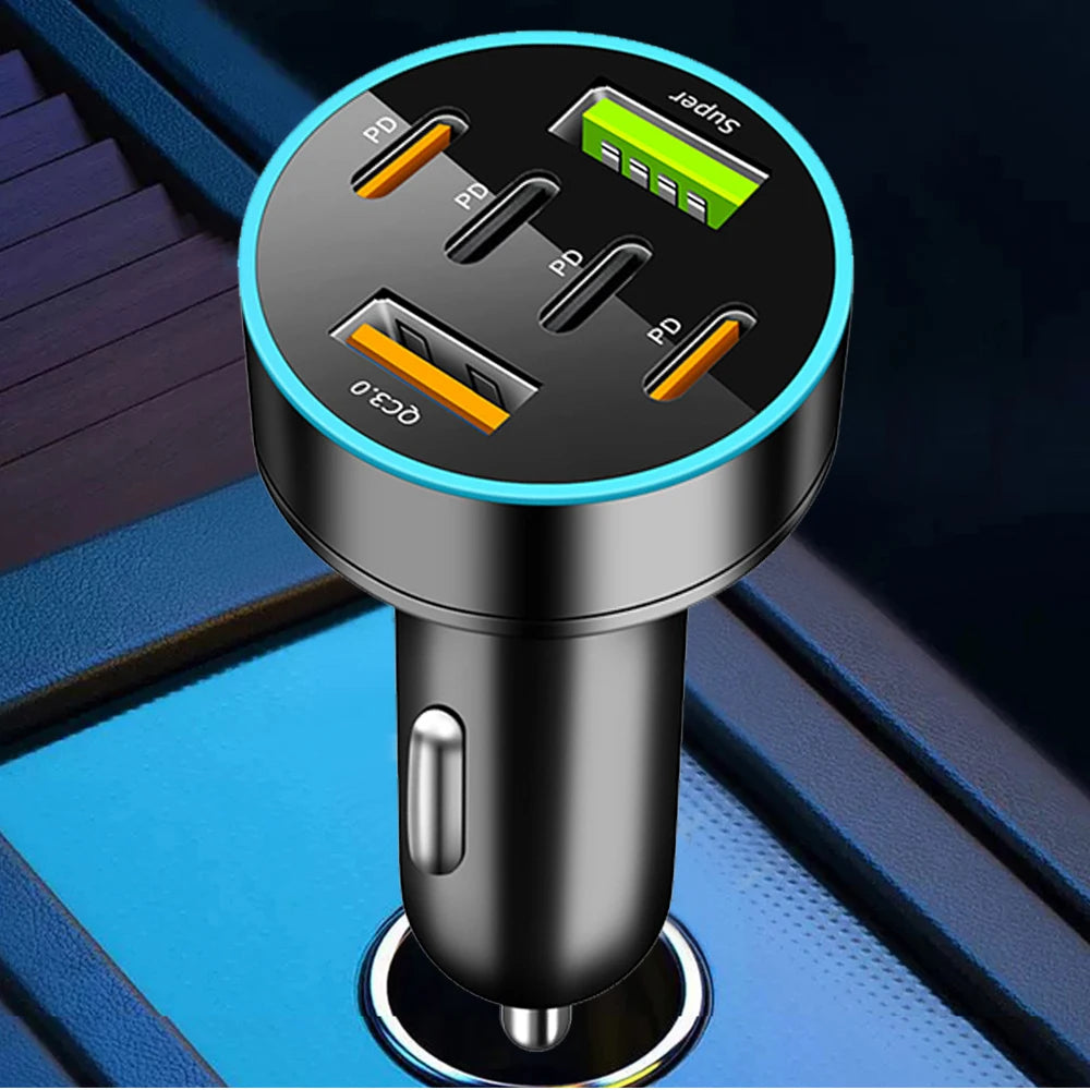 250W 6 in 1 USB Car Phone Charger Adapter 4 PD 6Ports Super Fast Charge in Car for iPhone Samsung Huawei QC 3.0